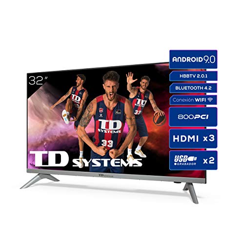 Televisiones Smart TV 32 Pulgadas HD Android 9.0 y HBBTV, 800 PCI Hz, 3X HDMI, 2X USB. DVB-T2/C/S2, Modo Hotel - Televisores TD Systems K32DLJ12HS