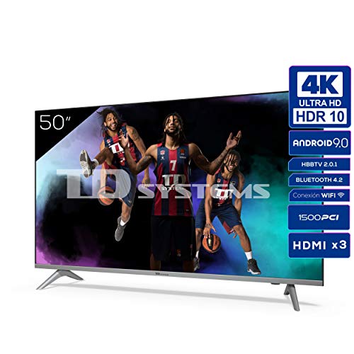 Televisiones Smart TV 50 Pulgadas 4k UHD Android 9.0 y HBBTV, 1500 PCI Hz, 3X HDMI, 2X USB. DVB-T2/C/S2, Modo Hotel - Televisores TD Systems K50DLJ12US