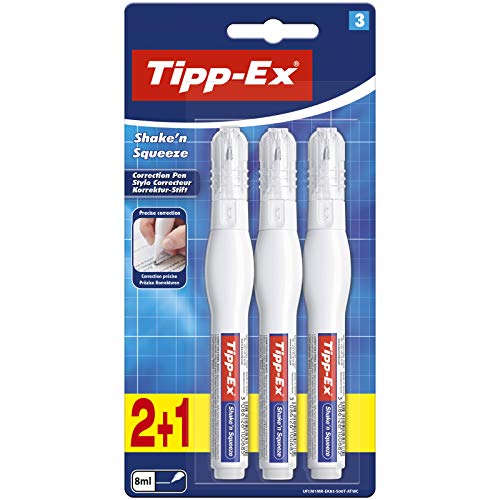Tipp-Ex Shake'n Squeeze Corrector Líquido ideal para profesionales, Fórmula de Secado Rápido - Blíster de 2+1, 8 ml Tipp-Ex Shake'n Squeeze Corrector Líquido ideal para profesionales, Fórmula de Secado Rápido - Blíster de 2+1, 8 ml