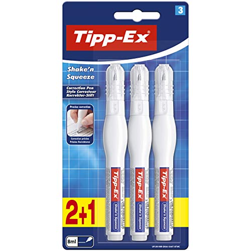 Tipp-Ex Shake'n Squeeze Corrector Líquido ideal para profesionales, Fórmula de Secado Rápido - Blíster de 2+1, 8 ml