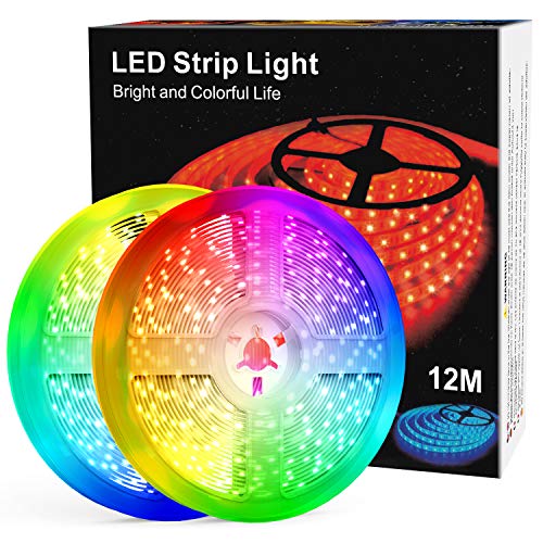 Tira de luces LED de 12 m con controlador Bluetooth, sincronización de música, mando a distancia de 40 teclas, tira LED 5050 RGB controlada por el smartphone. Tira de luces LED de 12 m con controlador Bluetooth, sincronización de música, mando a distancia de 40 teclas, tira LED 5050 RGB controlada por el smartphone.