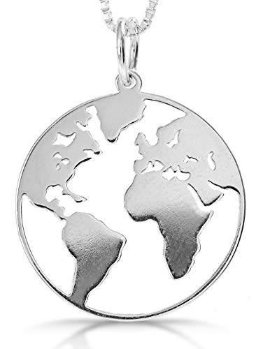 Tobonico - Colgante Mundo Plata, Colgante Planeta Tierra Mapamundi Fabricado en Plata de Ley 925 entregado en Caja Regalo de Madera Tobonico - Colgante Mundo Plata, Colgante Planeta Tierra Mapamundi Fabricado en Plata de Ley 925 entregado en Caja Regalo de Madera