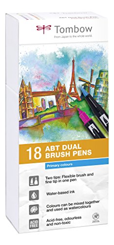 Tombow ABT-18P-1 Fiber Pen Dual Brush Pen con dos puntas Juego de 18 colores primarios Tombow ABT-18P-1 Fiber Pen Dual Brush Pen con dos puntas Juego de 18 colores primarios