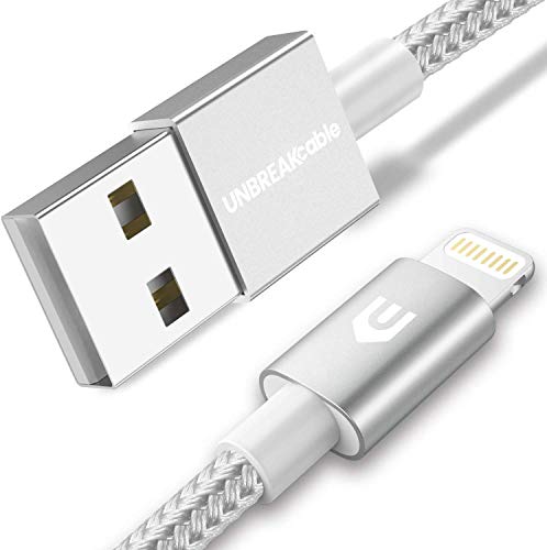 UNBREAKcable Cable Lightning Cable Cargador iPhone - [Apple MFi Certificado] Durable Nylon Cable para iPhone 11/11 Pro/ 11 Pro MAX/XS/XS MAX/XR/X/ 8/8 Plus/ 7/7 Plus/iPad - 2M Gris Plateado