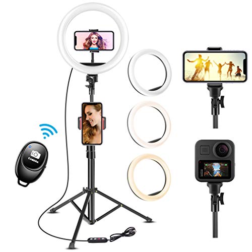 UPhitnis 10" Luz de Anillo LED Fotográfica, 3 Colores 10 Brillos Regulables Control Remoto, 63" Trípode con Soporte Giratorio de teléfono para Selfie, Youtube, TIK Tok