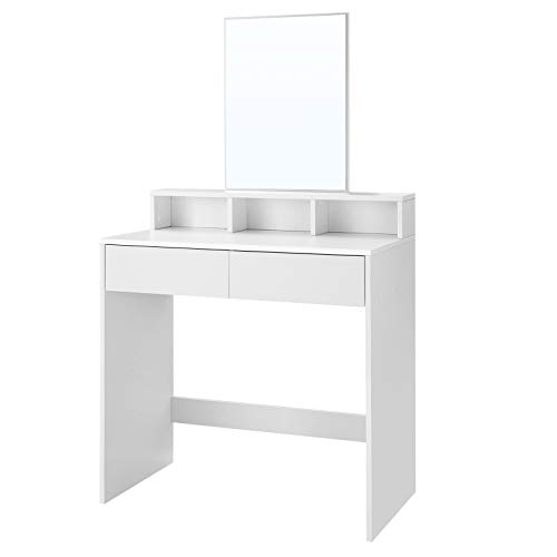 VASAGLE Tocador con Espejo Rectangular, Mesa de Maquillaje, con 2 Cajones y 3 Compartimentos de Almacenamiento, Estilo Moderno, Blanco RDT113W01