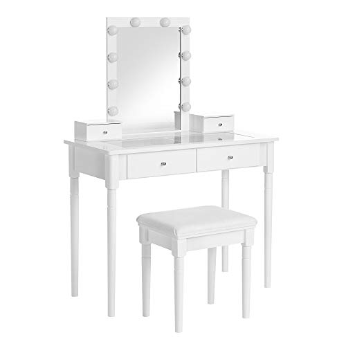 VASAGLE Tocador, Mesa Tocador, Mesa Maquillaje con Taburete Tapizado, Espejo, 10 Bombillas Regulables Iluminación, 2 Cajones Grandes con Tablero Vidrio Templado, 2 Cajones Pequeños, Blanco RDT172W01 VASAGLE Tocador, Mesa Tocador, Mesa Maquillaje con Taburete Tapizado, Espejo, 10 Bombillas Regulables Iluminación, 2 Cajones Grandes con Tablero Vidrio Templado, 2 Cajones Pequeños, Blanco RDT172W01