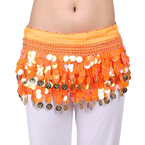 Veni Masee – Pañuelo profesional para danza del vientre, para cadera, cinturón, 3 filas de monedas de color dorado, unisex, naranja, talla única
