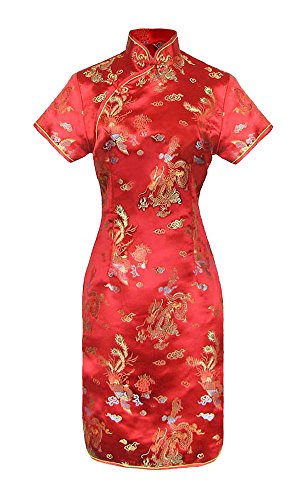 Vestido Chino Corta Rojo Cheongsam Mangas Cortas Qipao Motivo dragón tamaño 40 Vestido Chino Corta Rojo Cheongsam Mangas Cortas Qipao Motivo dragón tamaño 40