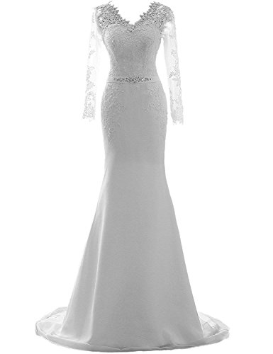Vestido de Novia Vestido de Boda Largo A línea Gasa Encaje Manga Larga V-Cuello Vestido de Novia Vestido de Boda Largo A línea Gasa Encaje Manga Larga V-Cuello