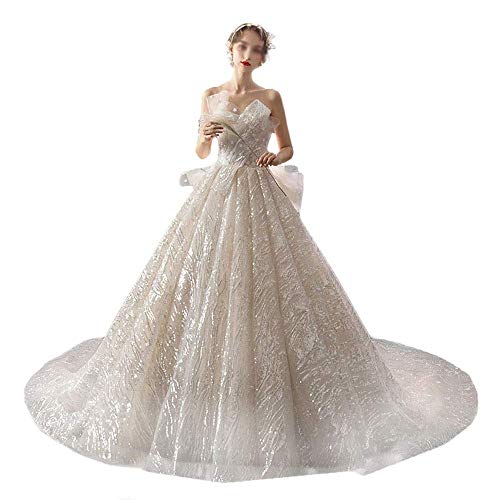 Vestidos de Novia Vestido de Novia de Lujo Novia Mujer Colas Francesas Estrellado Estrellado Encaje Fino Costura Tubo Top Vestido de Novia para Mujer para Boda, LIFU, Blanco, Pequeño