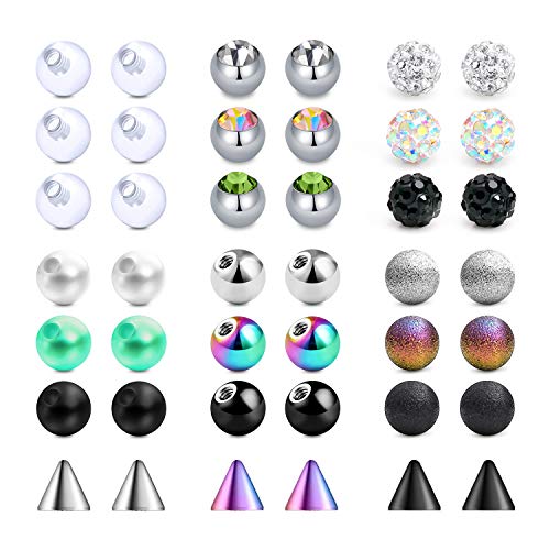 VF VFUN 14G Mix Color Bola de reemplazo Joyas Piercing Acero Inoxidable & Claro Acrílico Barbell Parts para Industrial Barbell/Piercing Pezon/Piercing Lengua 42 Piezas