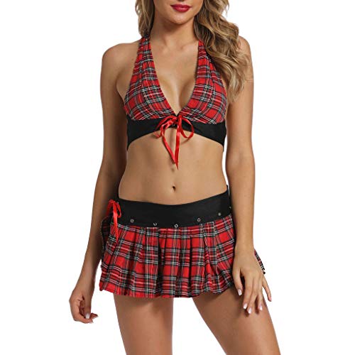 VisSec Colegiala Sexy Mujeres Conjunto de Lencería Disfraz de Halloween Parejas Traje Erótica Pasión Halter Top Sujetador Semi Transparente +Mini Falda