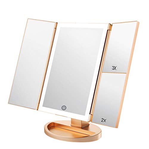 WEILY Espejo para maquillarse, 1x / 2X / 3X Magnificación Trifold con 36 Luces LED Pantalla táctil y Carga USB, Soporte Ajustable de 180 Grados para encimera Espejo cosmético de Maquillaje (Oro)