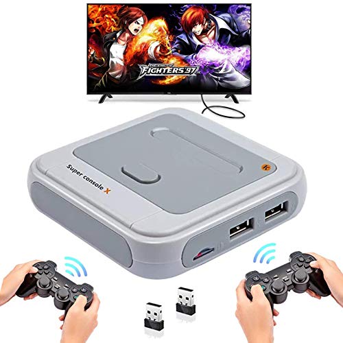 Whatsko Consola Retro Arcade Super Console X con 33000 Juegos + Mandos de 2 Piezas, 1280x720 FHD Mini Consola de Videojuegos, WFI Arcade Consola Portatil Multijugador con HDMI/AV/LAN