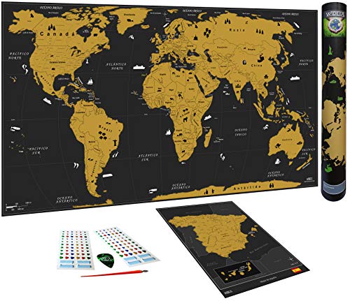 WIDETA Mapa del mundo a rascar en español/Póster XXL (82 x 43 cm), bonus Mapa de España, adhesivos, pieza y bolígrafo de rascado
