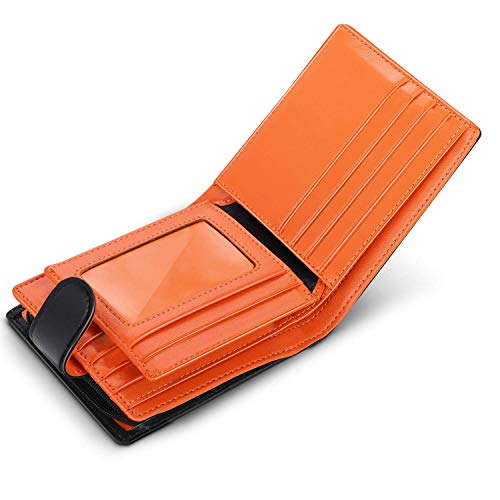 wilbest® Billetera de Hombre de Piel, Cartera RFID, Carteras Hombre con Monedero - Bloque 13.56 MHz, Cartera Personalizada Función de 4 en 1, Botón Diseño de Bolsillo con Cremallera, Negro Naranja