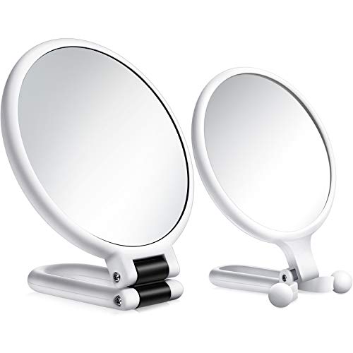 WILLBOND 2 Piezas Espejos de Mano con Aumento de 15x y Espejo de Maquillaje de Vaje de 10x , Espejo de Pedestal Plegable de Doble Cara Espejo de Mano con Ampliación 1/ 15x 1/ 10x (Blanco)