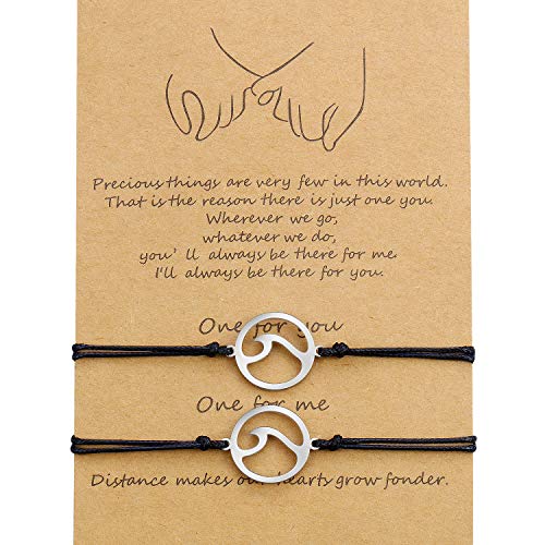 WILLBOND 2 Regalos Pulseras de Coincidente Significado Distancia Promesa Amistad Hecho a Mano para Mejor Amigo Pareja Niña Amante, Pulseras de Cordón Ajustables con 1 Tarjeta de Deseo (Ola)