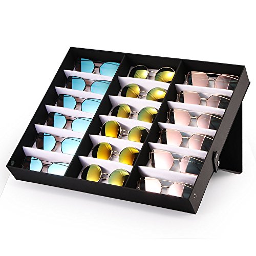 Winbang Caja expositora para Gafas, 18 Ranuras, Caja de exhibición para Gafas, Gafas de Sol y Joyas, Caja de Almacenamiento con función Atril