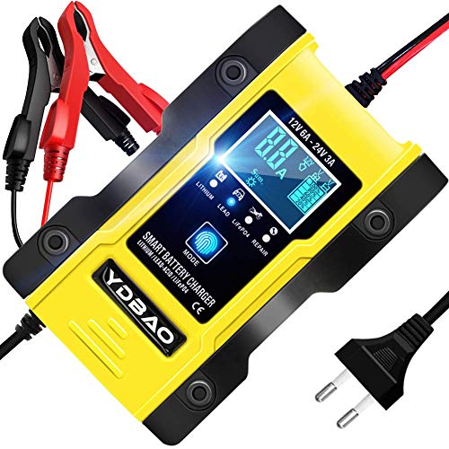 YDBAO Cargador de Batería 6A12V/3A24V con Múltiples Protecciones Mantenimiento Automático Inteligente para Coche Moto ATV RV Barco