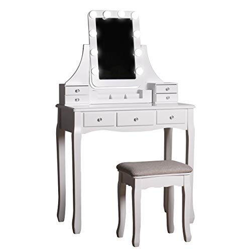 YOUKE Deluxe Hollywood Tocador con 10 Led Luces y Espejo, De Vanidad para Dormitorio, 7 Cajones con Taburete para Conjunto De Maquillaje y Joyas (Blanco) YOUKE Deluxe Hollywood Tocador con 10 Led Luces y Espejo, De Vanidad para Dormitorio, 7 Cajones con Taburete para Conjunto De Maquillaje y Joyas (Blanco)