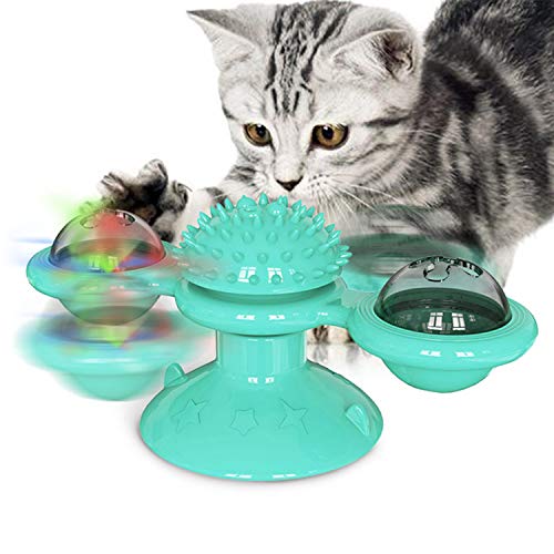 Yuning Juguete para Gatos, Juguete Gato Giratorio, Windmill Cat Toy, Juguetes para Gatos con Catnip y Bola Intermitente LED Plato Giratorio Burlas Juguete Interactivo, Azul