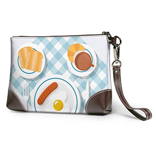 Yushg Bolso de embrague de cuero impermeable suave Apetitoso Desayuno delicioso Salchicha de huevo frito Bolsos de embrague de damas con cremallera para mujeres Niñas