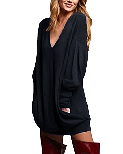 ZANZEA Mujer Jersey de Punto Largos Cuello V Manga Larga Otoño Vestidos Sudadera Casual Tallas Grandes Suéter Suelta Negro M ZANZEA Mujer Jersey de Punto Largos Cuello V Manga Larga Otoño Vestidos Sudadera Casual Tallas Grandes Suéter Suelta Negro M