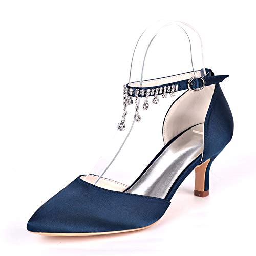 Zapatos de Novia para Mujer en Punta de satén con Correa en el Tobillo Tacones de Aguja Diamante de imitación Zapatos de Boda de Salon Sandalias,Dark Blue,39 EU