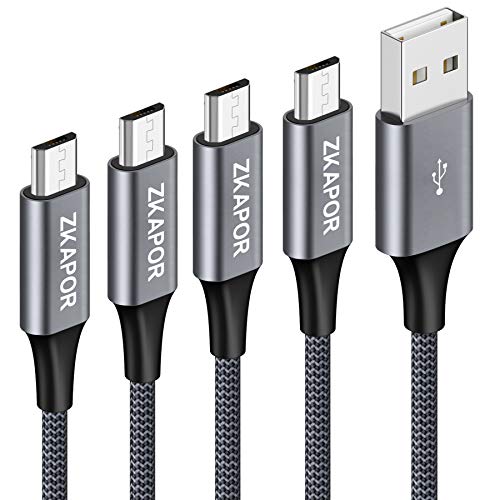 ZKAPOR Cable Micro USB Carga Rápida [4Pack 0.3M 1M 2M 3M] Cargador Android Carga Rápida Trenzado de Nylon para Galaxy S7 S6 Edge S5 A10 J3 J4 Plus J5 J6 J7, Huawei, Kindle, Nexus, LG, PS4 - Gris