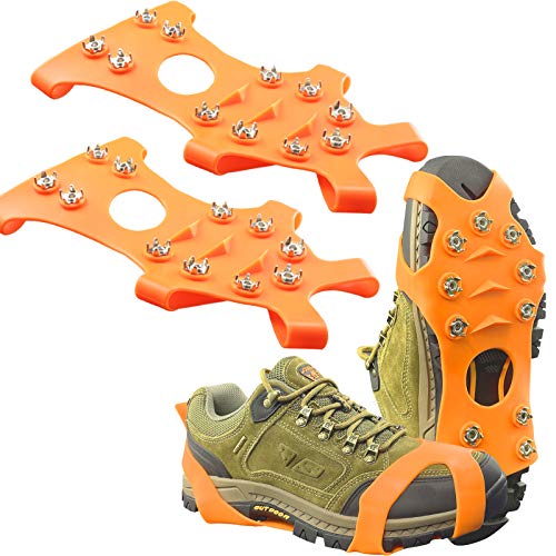 ZUXNZUX Crampones Nieve Hielo Garra Antideslizante de Acero Inoxidable,11 Dientes Grips Snow Tracción para Invierno Silicona Duradera sobre Zapato Senderismo/Pesca/Escalar/Montañismo Naranja L