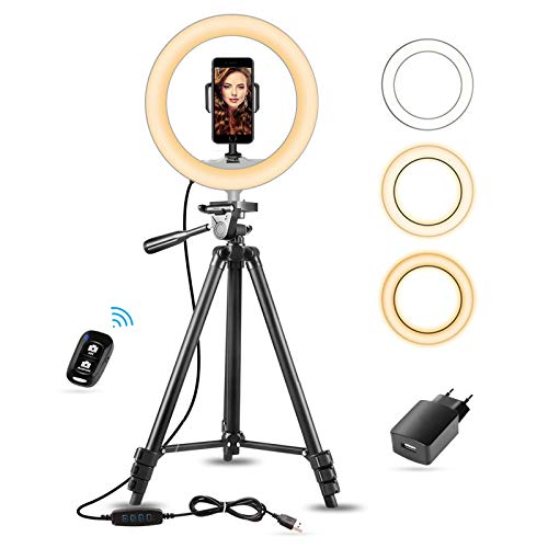 10" Aro de Luz con Tripode Extensible 50" y Soporte Teléfono Flexible para Maquillaje/Instagram, SUNUP Anillo de Luz LED para Móvil Selfie TikTok Youtube, Compatible con iPhone/Android (USB Cargador)