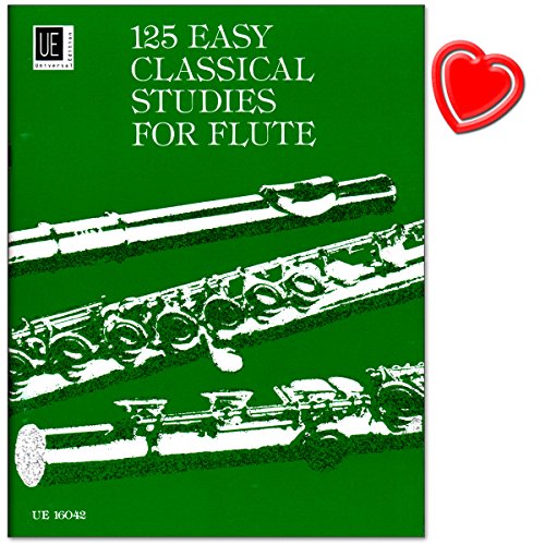125 estudios Easy Classical para flauta – Escuelas y composiciones de famosos flautas como Quantz, Böhm o Köhler – Libro de partituras con colorido clip en forma de corazón