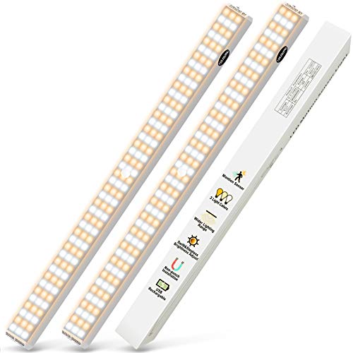 132 Led Luz Armario - 2 Unidades Sensor de Movimiento 2500 Mah Batería Recargable Cocina Escalera Interior Baño 3 Brillo 3 Temperatura Color