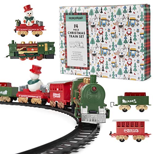 14 Piezas Tren Navideño Eléctrico con Luces y Sonido| 1 Locomotora, 2 Vagones, 1 Vagón Muñeco de Nieve, 2 Rectas y 8 Vías Curvas| Decoración Árbol de Navidad, Regalo Juguete para Niños.