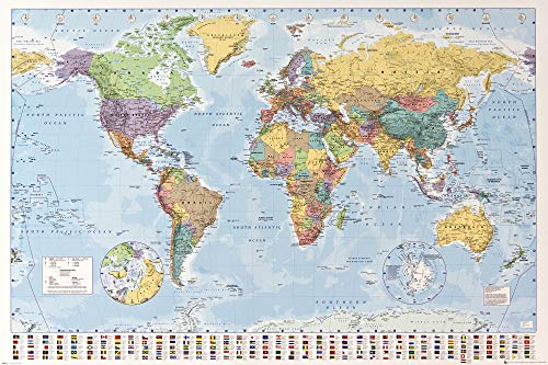 1art1 Mapas - Mapa del Mundo Político con Banderas Póster (91 x 61cm)