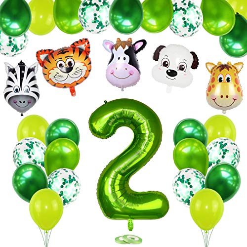 2 Años Selva Fiesta de Cumpleaños Decoracion, 2 Años Cumpleaños Decoración Set con Foil Globo Número 2 Verde y Bosque Animal Globos para Niño Niña 2er Cumpleaños Baby Shower