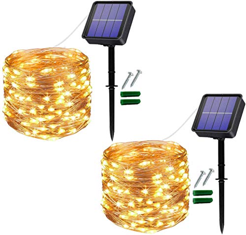 [2 piezas] Cadena de luz solar para exteriores 120 luces LED para exteriores, luces navideñas impermeables, balcón, jardín, árbol, cadena de luces para terraza (blanco cálido)