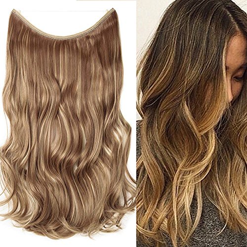 20"(50cm) Extensiones de Cabello Natural con Hilo Invisible Sin Clip Pelo Sintético Una Pieza Rizada Onduada Postizos Pelucas (90g,Marrón Claro mezcla Rubio Ceniza)