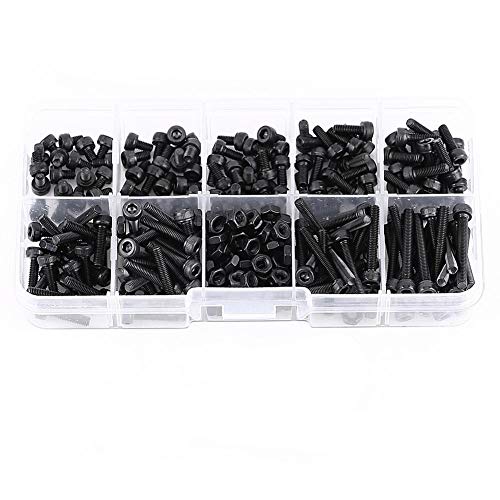 280Pcs / Box Grado de color negro 12.9 M3 Cabezal Hexagonal Tornillo Tuerca Tornillo Tuerca métrica Surtido de kits de surtido, 4/5/6/8/10/12/16/20 / 25mm de longitud