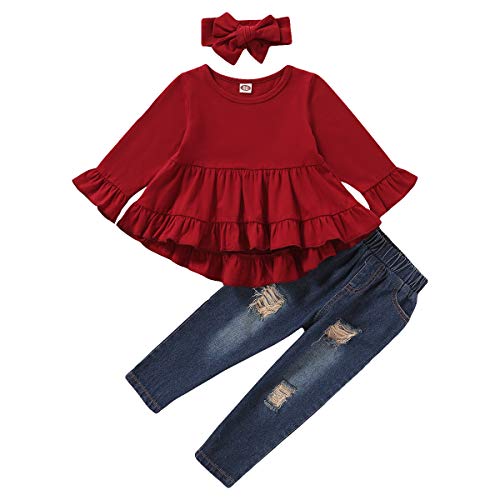 3 Piezas Traje de Bebé Niña Camisa de Manga Larga con Volantes + Pantalones Jeans + Diadema de Bowknot Top Blusa de Cuello Redondo Pantalón de Color Sólido Casual Partido Ropa Vino Rojo 2-3 Años