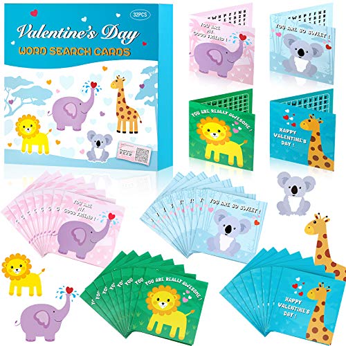 32 Piezas Tarjetas de San Valentín Tarjetas de Búsqueda de Palabras Tarjetas Divertidas para Niños Tarjetas de Dibujos Animados de Animales Tarjetas Lindas de Crucigramas para Niños y Niñas