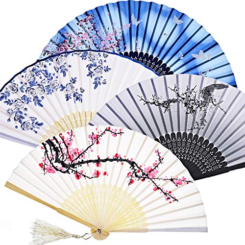 4 abanicos plegables de mano de bambú con borla para mujer, abanicos de bambú ahuecados para decoración de pared, regalos (cerezo blanco, cereza azul, rosa azul y cereza negra)