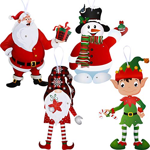 4 Juegos Decoraciones de Fiesta de Navidad de Gnomos con Figuras Articuladas, Recortes de Muñeco de Nieve Santa Elfos Decoración Pared Señal de Navidad de Colgante de Puerta