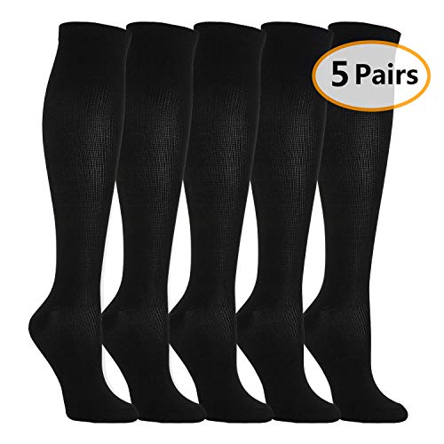 5 Pares Calcetines/Medias de Compresión para Hombres y Mujeres, Running, Deporte, Correr, Senderismo, Volar, Viajar, Varicosas, Embarazo y Médicos (EU 39-42, 5x Negro)