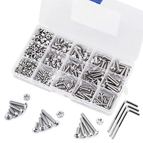 500 PCS Juego de Tornillos y Tuercas, Tornillos de Cabeza de Botón Tornillos Hexagonales M3 M4 M5 Juegos de Pernos con Tuerca de Acero Inoxidable Head Hex Cabeza de Casquillo Tornillos