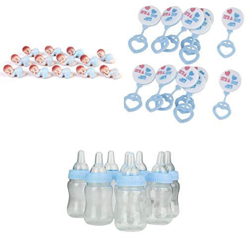 50PCS Sleep Babies Toy + 12pcs Feeder Style Candy Bottle Gift Box + 12PCS Mini Sonajeros para Baby Shower Favors (Azul)