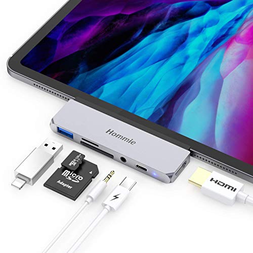 6 En 1 HUB USB C para iPad Pro 2018/2020,Hommie Adaptador iPad Pro a HDMI 4K,Carga PD,Auriculares de 3.5mm,Lector Tarjeta,Dock USB C para Macbook Pro/Samsung S8/S9/Note8 y Más Dispositivos Tipo C,Gris