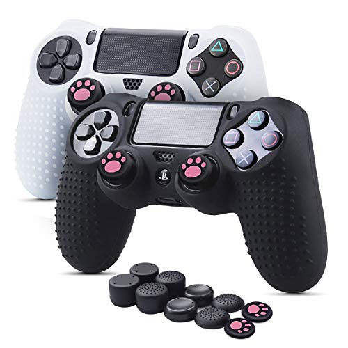 6amLifestyle Funda Skin Controller PS4 Dualshock de silicona antideslizante, 2 fundas para mando PS4 (negro + blanco) + 10 gomas para las palancas analógicas para Joystick PS4 / PS4 PRO / PS4 Slim